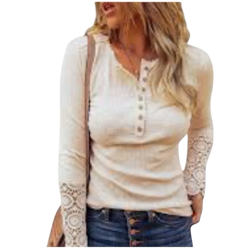 Boutique Cream Ribbed Henley Wood Button Accent Sheer Lace Sleeve Cuff Top Sz XL